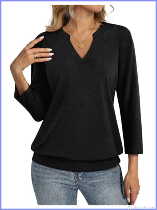 Tops - Womens 3/4 Sleeve Banded Bottom V Neck Casual T-Shirt Blouse